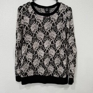 Bobaeu Black Lace Floral Print Long Sleeve Knit Sweater Top Womens Size L